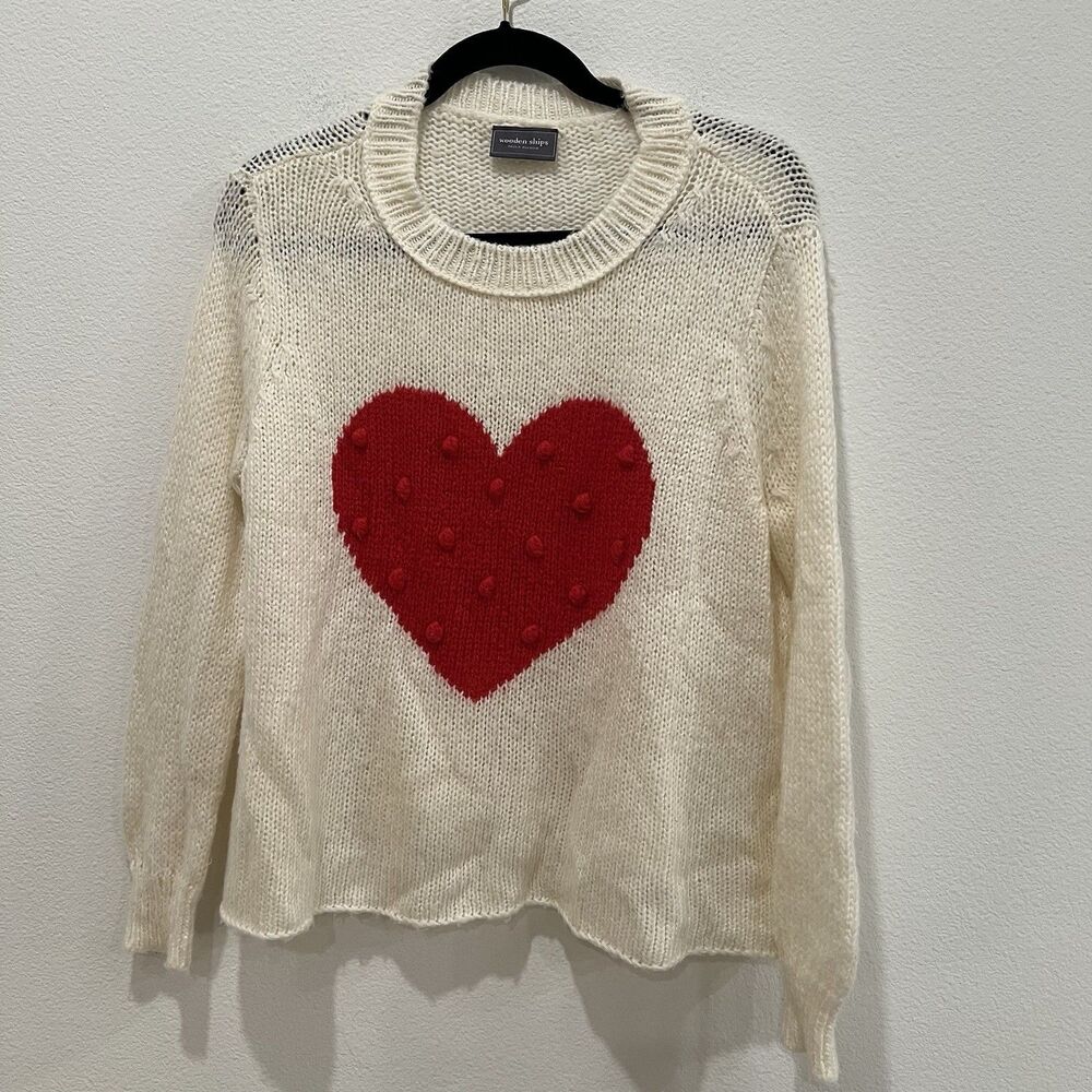 Wooden Ships Heart Sweater Womens Small Red White Preppy Classic Love